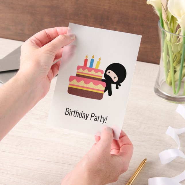 Tiny Ninja Behind Birthday Cake Insert Vellum Invitations (Handheld)