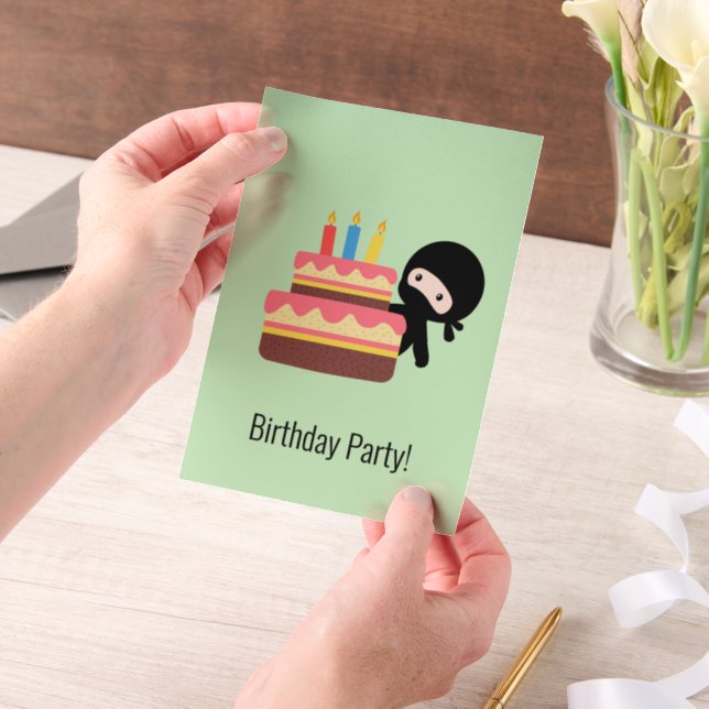 Tiny Ninja Behind Birthday Cake on Green Insert Vellum Invitations (Handheld)
