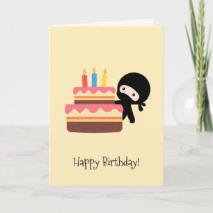 Tiny Ninja Behind Birthday Cake Yellow Card