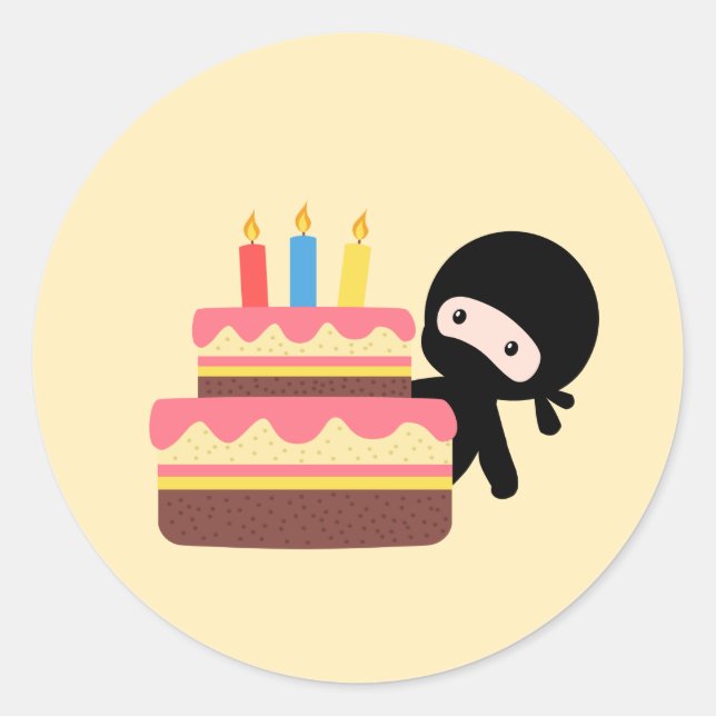 Tiny Ninja Behind Birthday Cake Yellow Classic Round Sticker (Front)