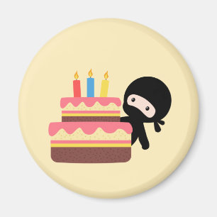 Tiny Ninja Behind Birthday Cake Yellow Magnet