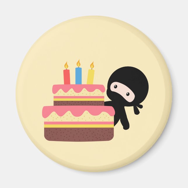 Tiny Ninja Behind Birthday Cake Yellow Magnet (Front)