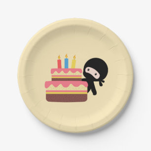 Tiny Ninja Behind Birthday Cake Yellow Paper Plate
