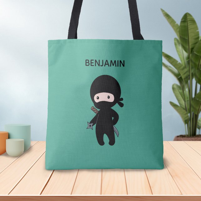 Tiny Ninja Custom Name on Dark Green Tote Bag (Creator Uploaded)