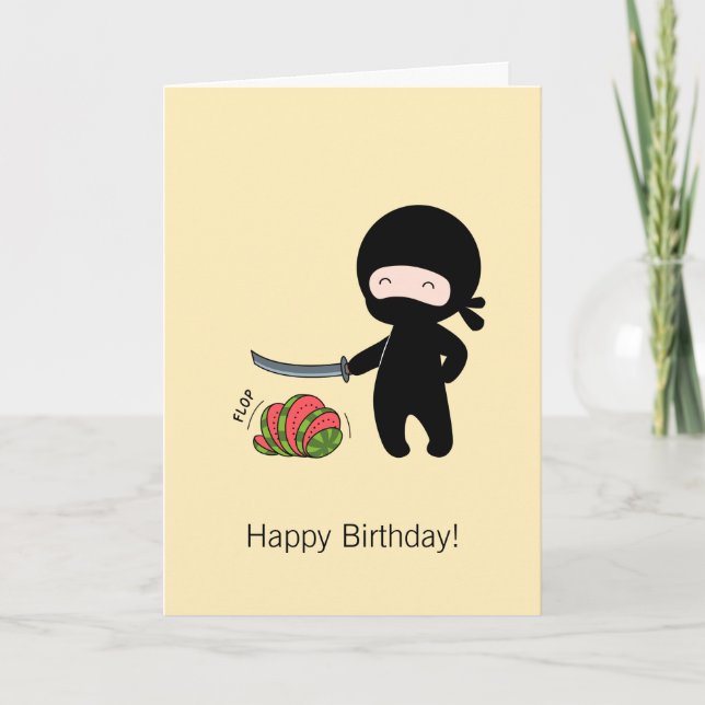 Tiny Ninja Cutting Watermelon Yellow Birthday Card (Front)