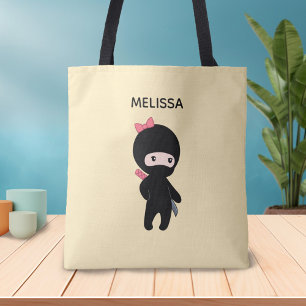 Tiny Ninja Girl Custom Name on Yellow Tote Bag