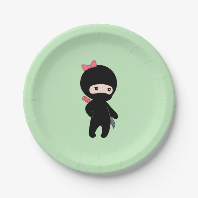 Tiny Ninja Girl on Green Paper Plate (Front)