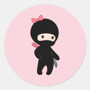 Tiny Ninja Girl on Pink Classic Round Sticker