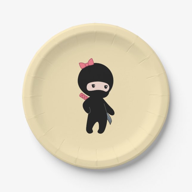 Tiny Ninja Girl on Yellow Paper Plate (Front)