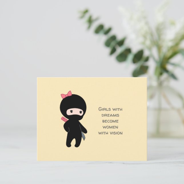Tiny Ninja Girl Quote on Yellow Postcard (Standing Front)