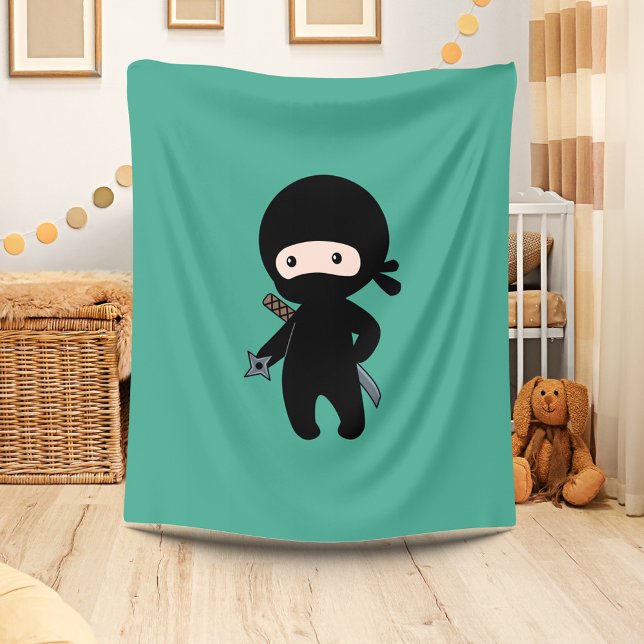 Tiny Ninja Holding Throwing Star On Dark Green Fleece Blanket (Creator Uploaded)