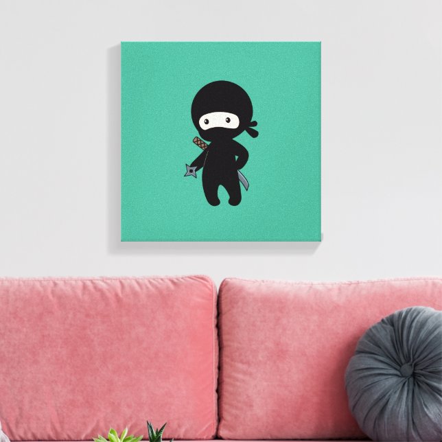 Tiny Ninja Holding Throwing Star on Green Canvas Print (Insitu(LivingRoom))