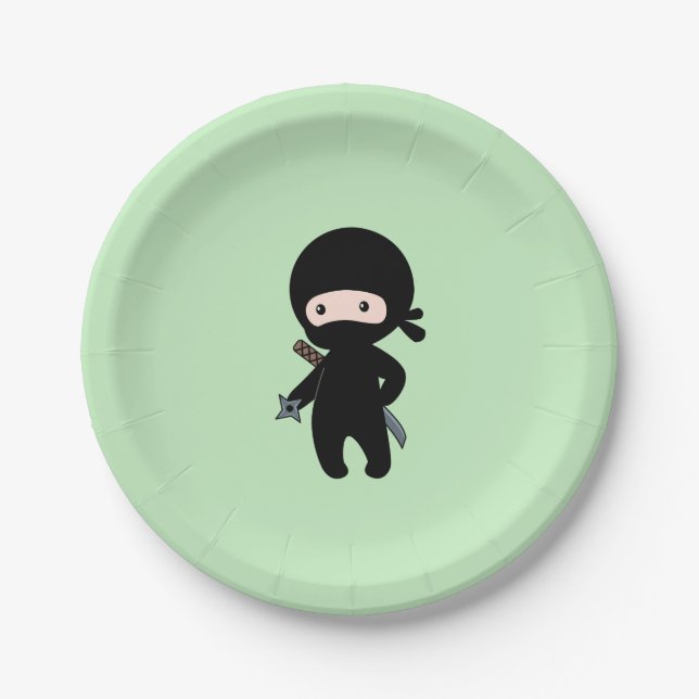 Tiny Ninja Holding Throwing Star on Green Paper Plate (Front)