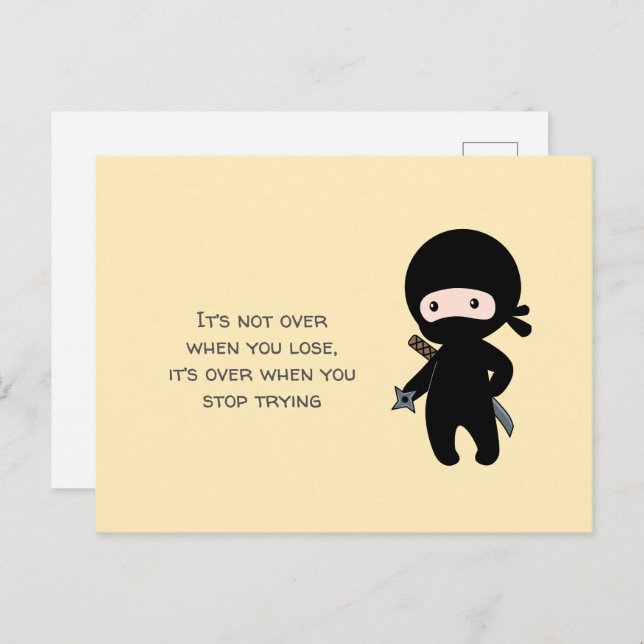 Tiny Ninja Holding Throwing Star on Yellow Quote Postcard (Front/Back)