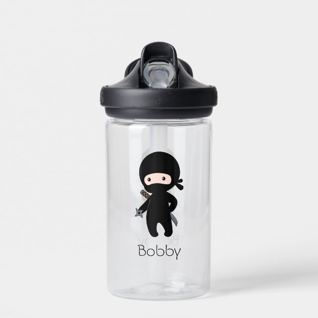 Tiny Ninja Holding Throwing Star Water Bottle (Front)