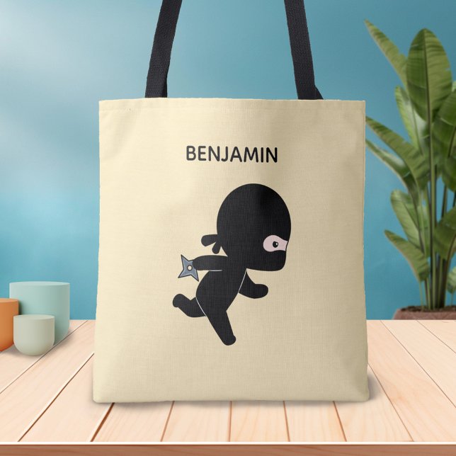Tiny Ninja Running Custom Name on Yellow Tote Bag (Creator Uploaded)