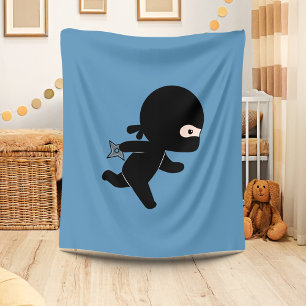 Tiny Ninja Running on Blue Fleece Blanket