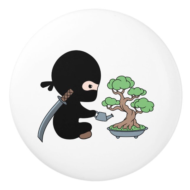 Tiny Ninja Watering Bonsai Tree Ceramic Knob (Front)