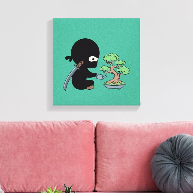 Tiny Ninja Watering Bonsai Tree on Green Canvas Print (Insitu(LivingRoom))