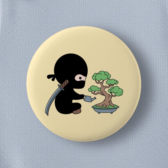 Tiny Ninja Watering Bonsai Tree on Yellow 6 Cm Round Badge (Creator Uploaded)