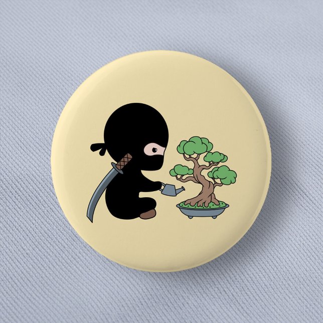 Tiny Ninja Watering Bonsai Tree on Yellow 6 Cm Round Badge (Creator Uploaded)