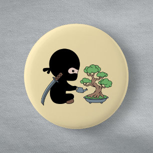 Tiny Ninja Watering Bonsai Tree on Yellow 6 Cm Round Badge