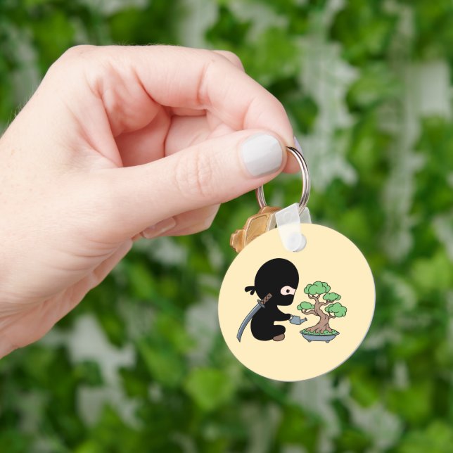 Tiny Ninja Watering Bonsai Tree on Yellow Key Ring (Hand)