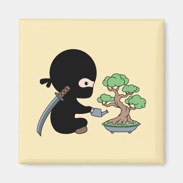Tiny Ninja Watering Bonsai Tree on Yellow Magnet (Front)