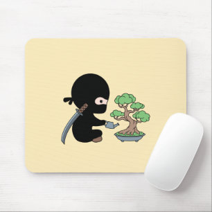 Tiny Ninja Watering Bonsai Tree on Yellow Mouse Mat