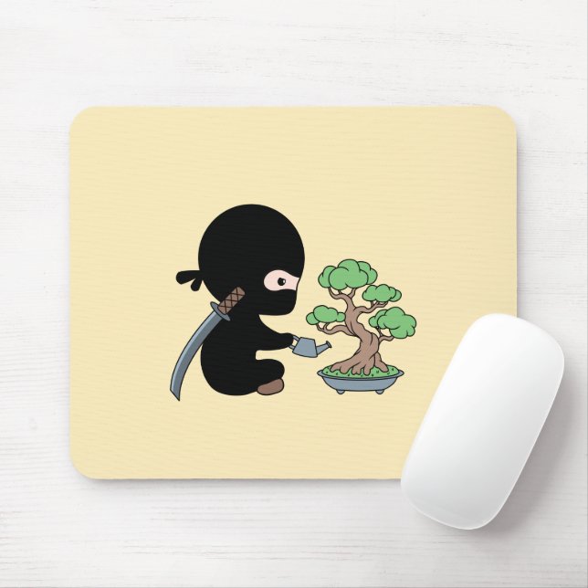 Tiny Ninja Watering Bonsai Tree on Yellow Mouse Mat (With Mouse)