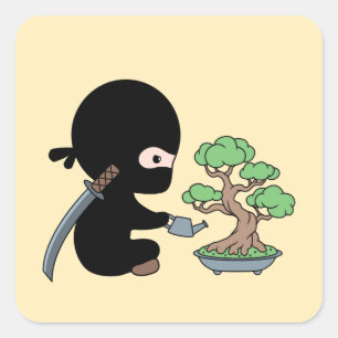 Tiny Ninja Watering Bonsai Tree on Yellow Square Sticker