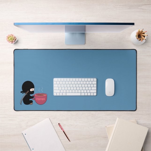 Tiny Ninja with Large Coffee Mug Blue Desk Mat (Office 1)