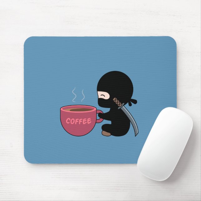 Tiny Ninja with Large Coffee Mug Blue Mouse Mat (With Mouse)