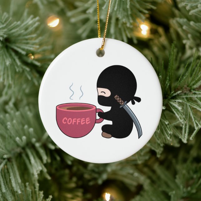 Tiny Ninja with Large Coffee Mug Ceramic Tree Decoration (Tree)