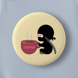 Tiny Ninja with Large Coffee Mug on Yellow 6 Cm Round Badge