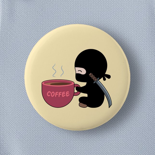 Tiny Ninja with Large Coffee Mug on Yellow 6 Cm Round Badge (Creator Uploaded)
