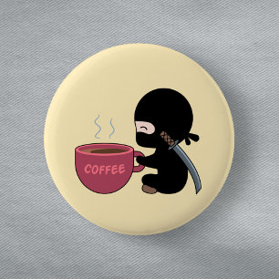 Tiny Ninja with Large Coffee Mug on Yellow 6 Cm Round Badge
