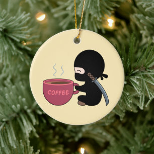 Tiny Ninja with Large Coffee Mug on Yellow Ceramic Tree Decoration