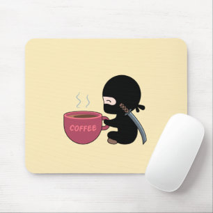 Tiny Ninja with Large Coffee Mug on Yellow Mouse Mat