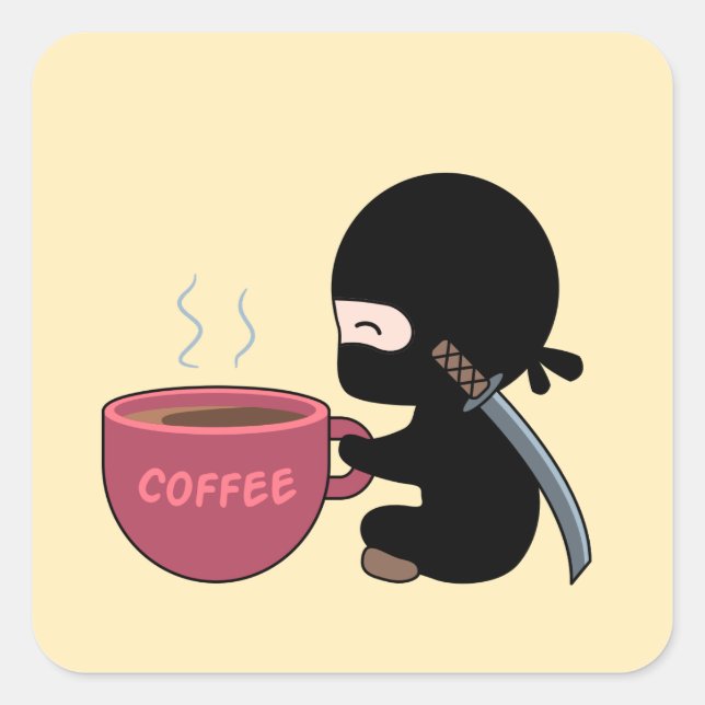 Tiny Ninja with Large Coffee Mug on Yellow Square Sticker (Front)