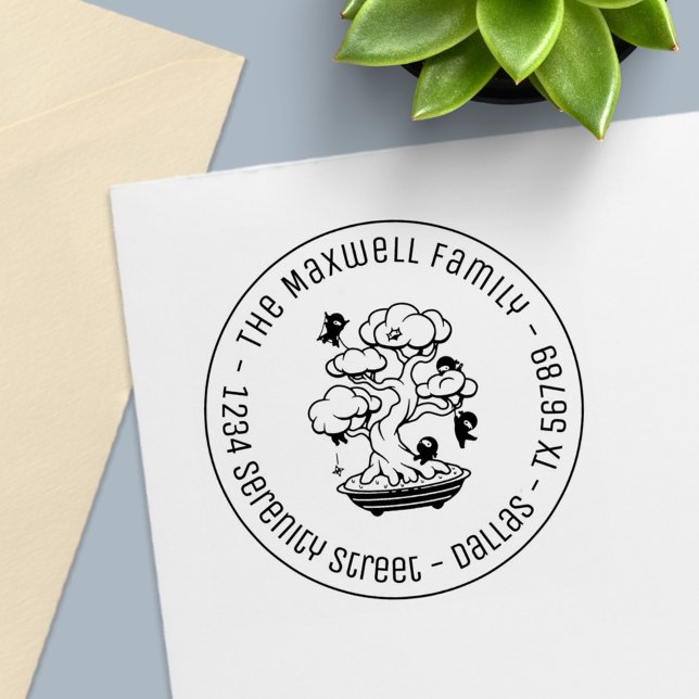 Tiny Ninjas in Bonsai Tree Family Address Round Self-inking Stamp (Creator Uploaded)