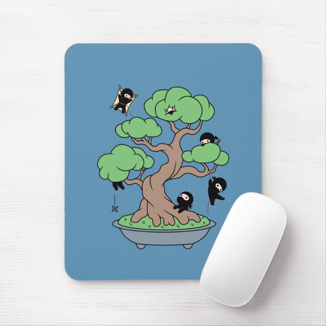 Tiny Ninjas in Bonsai Tree on Blue Mouse Mat (With Mouse)