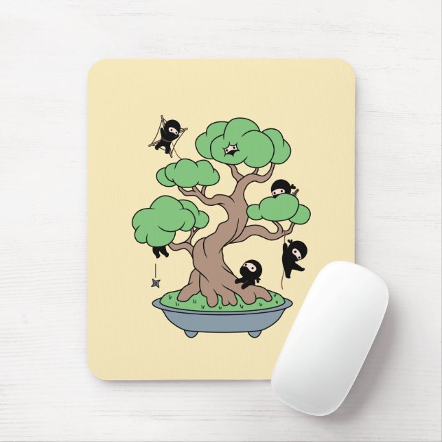 Tiny Ninjas in Bonsai Tree on Yellow Mouse Mat (With Mouse)