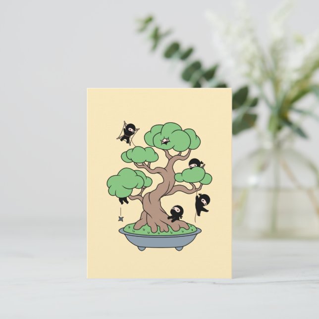 Tiny Ninjas in Bonsai Tree on Yellow Postcard (Standing Front)