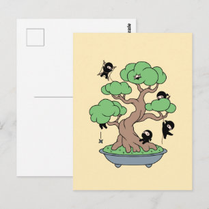 Tiny Ninjas in Bonsai Tree on Yellow Postcard