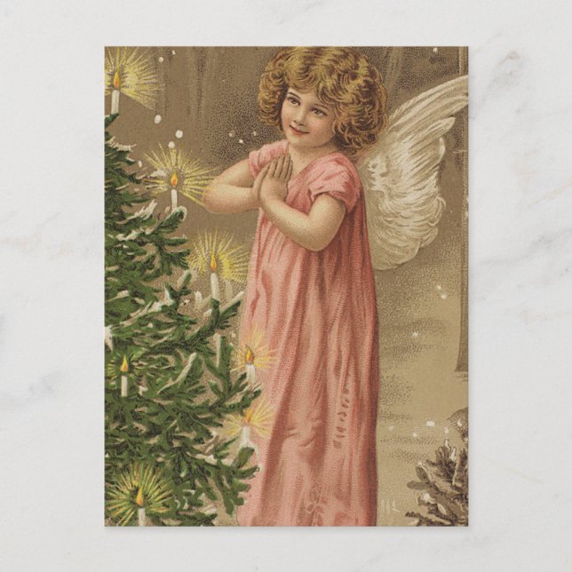 Tiny Pink Garbed Angle At Christmas Tree Holiday Postcard (Front)
