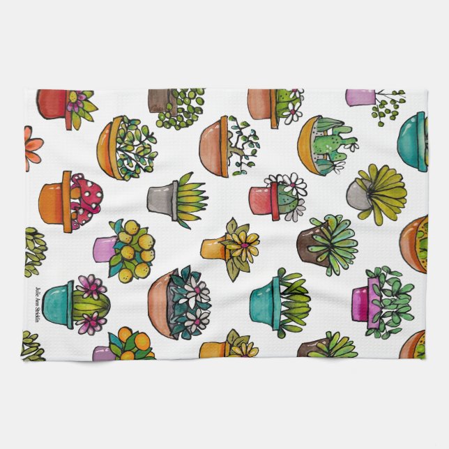 Tiny Plants In Pots Tea Towel (Horizontal)