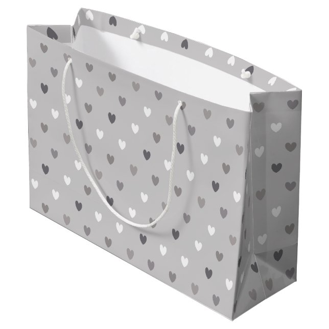 Tiny polka hearts in shades of gray large gift bag (Back Angled)