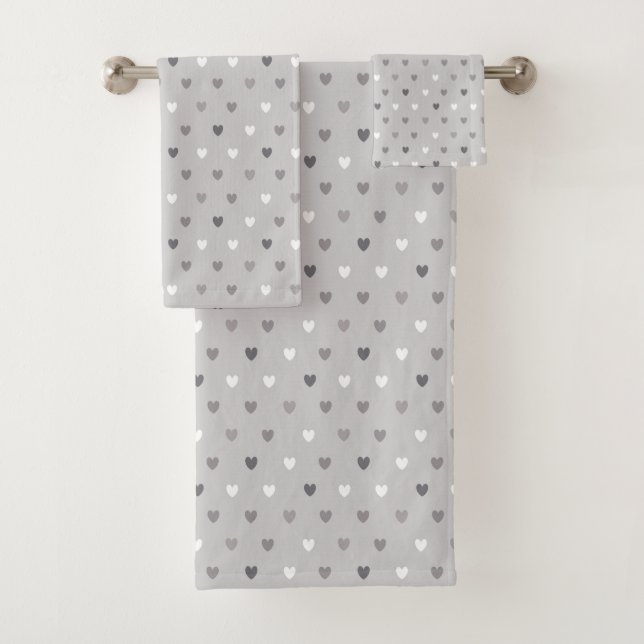 Tiny polka hearts in shades of grey bath towel set (Insitu)