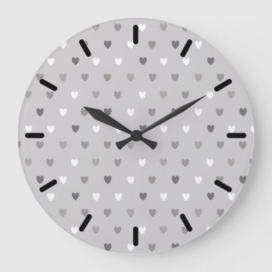 Tiny polka hearts in shades of grey large clock